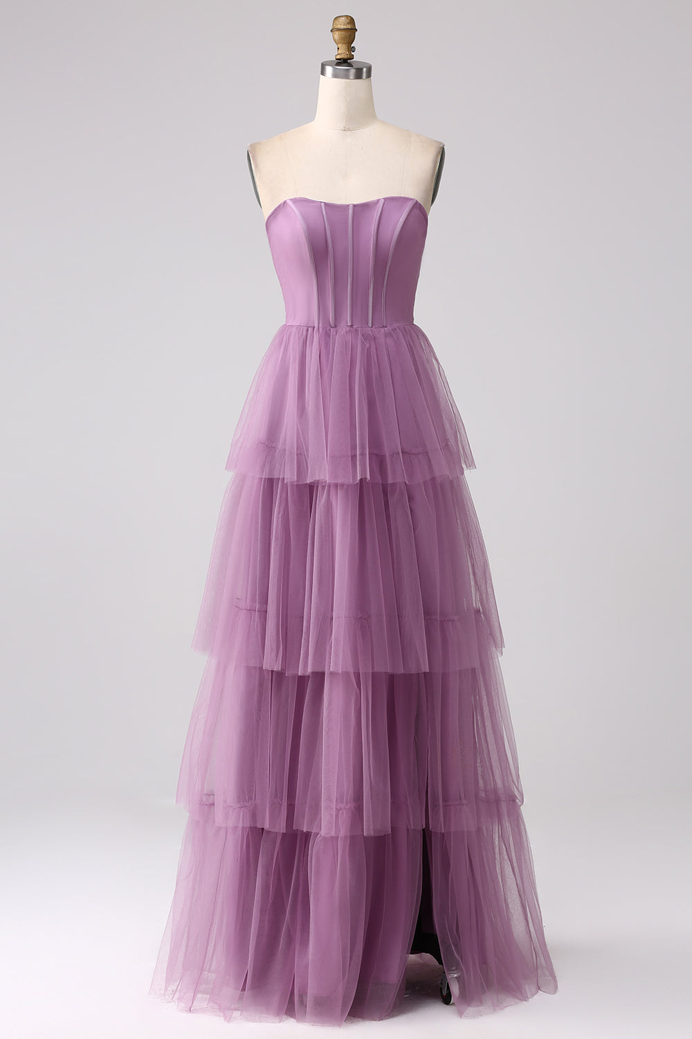 Vestido de fiesta largo plisado plisado de tul púrpura de una línea con abertura