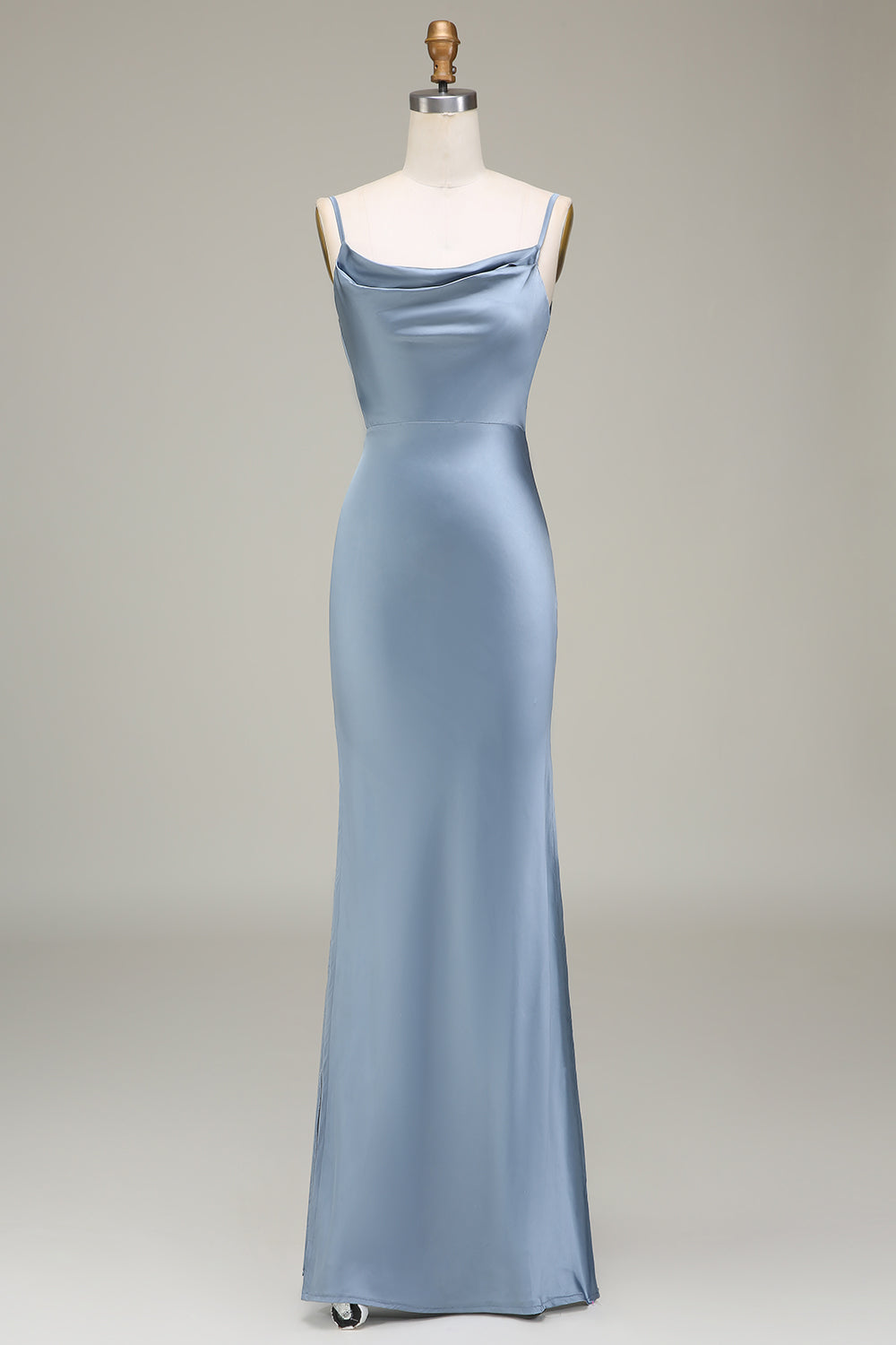 Vestido de dama de honor largo de satén con correas de espagueti de vaina azul polvoriento