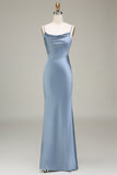 Vestido de dama de honor largo de satén con correas de espagueti de vaina azul polvoriento