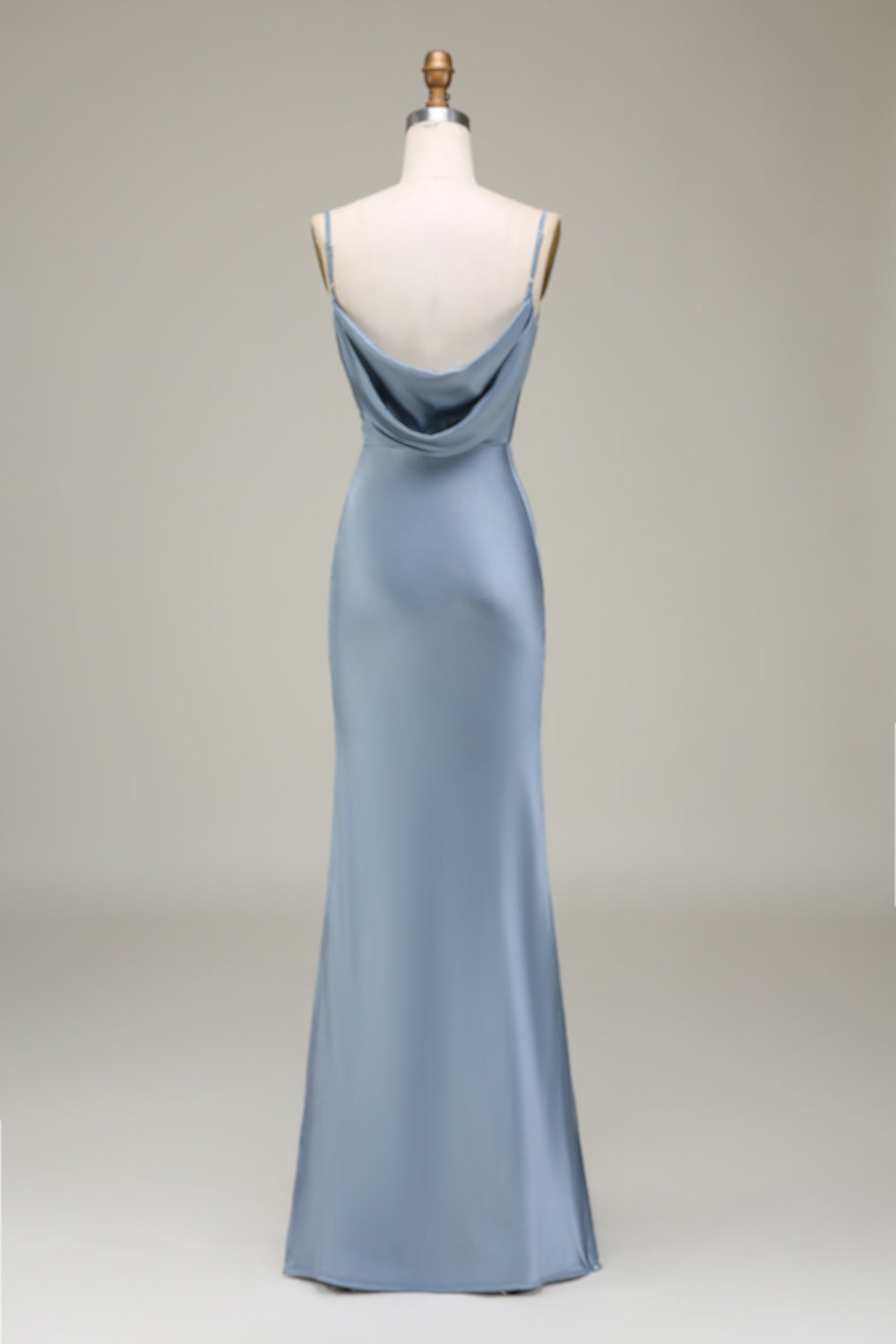 Vestido de dama de honor largo de satén con correas de espagueti de vaina azul polvoriento
