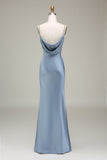 Vestido de dama de honor largo de satén con correas de espagueti de vaina azul polvoriento