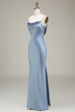 Vestido de dama de honor largo de satén con correas de espagueti de vaina azul polvoriento