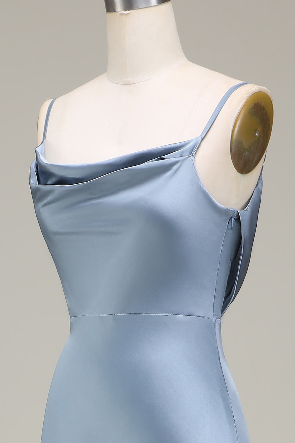 Vestido de dama de honor largo de satén con correas de espagueti de vaina azul polvoriento