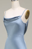 Vestido de dama de honor largo de satén con correas de espagueti de vaina azul polvoriento