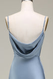Vestido de dama de honor largo de satén con correas de espagueti de vaina azul polvoriento