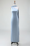Vaina Vestido de dama de honor azul largo de satén de un hombro