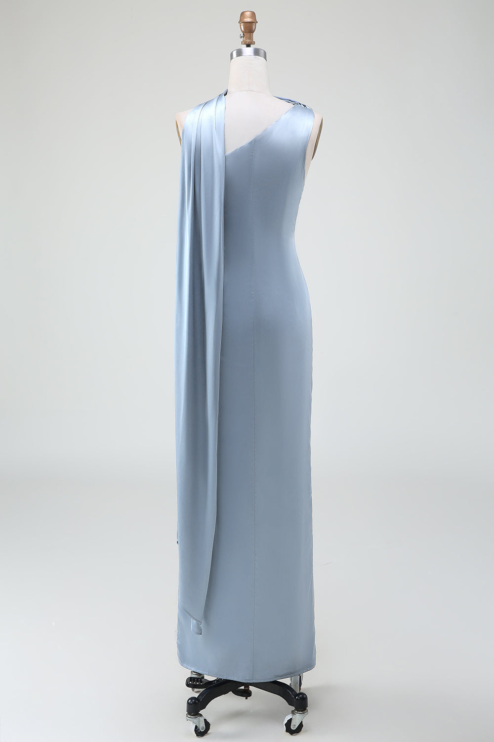Vaina azul Vestido largo de dama de honor de satén de un hombro