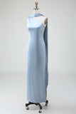 Vaina azul Vestido largo de dama de honor de satén de un hombro