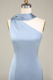 Vaina azul Vestido largo de dama de honor de satén de un hombro