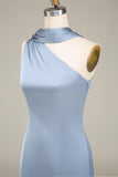 Vaina azul Vestido largo de dama de honor de satén de un hombro