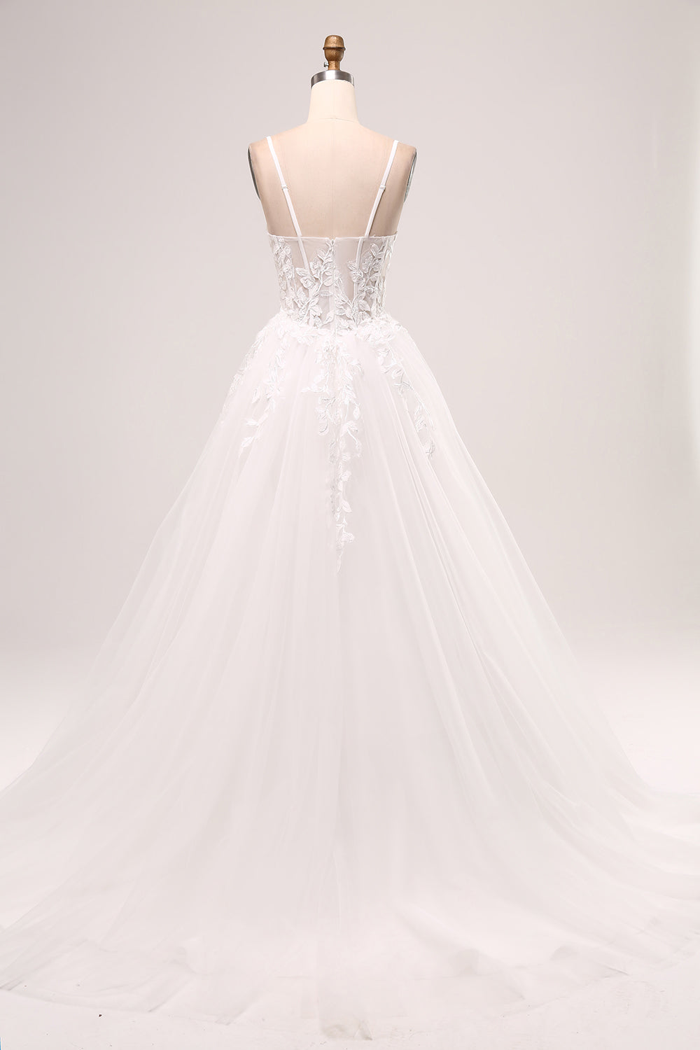 Marfil Línea A Tirantes de Espagueti Corsé Encaje Tul Vestido de Novia Largo