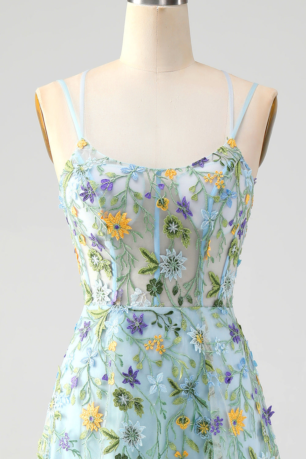Flor Azul A Line Tirantes de Espagueti Corsé Vestido de Fiesta Bordado con Abertura