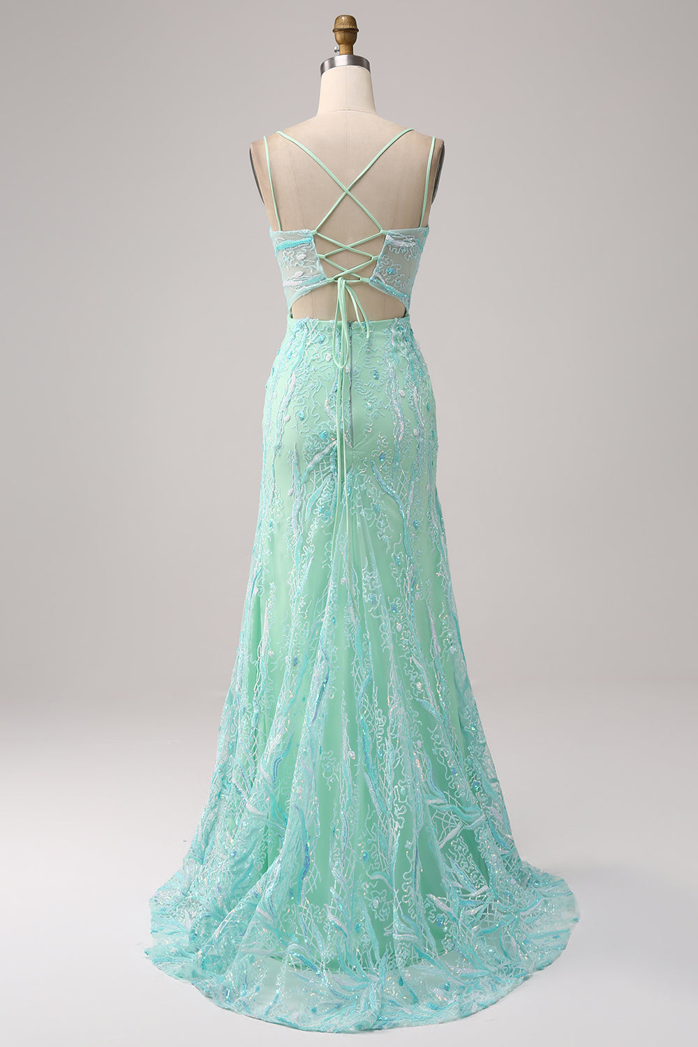 Sirena verde Correas de espagueti Lentejuelas Vestido largo de fiesta con abertura