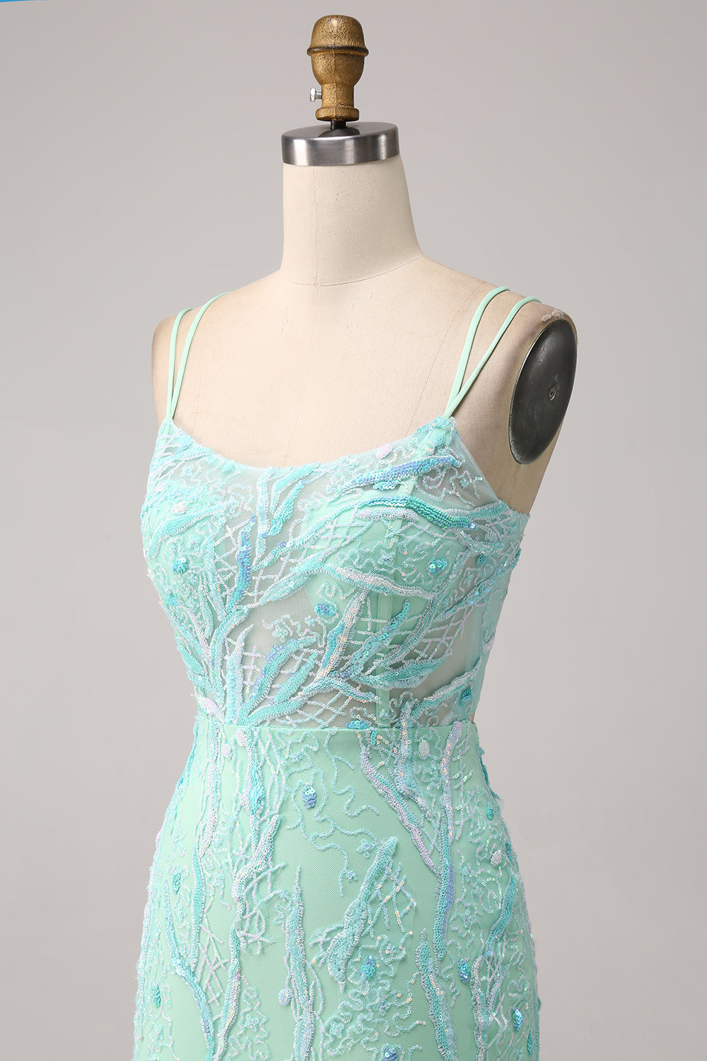 Sirena verde Correas de espagueti Lentejuelas Vestido largo de fiesta con abertura