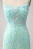 Sirena verde Correas de espagueti Lentejuelas Vestido largo de fiesta con abertura