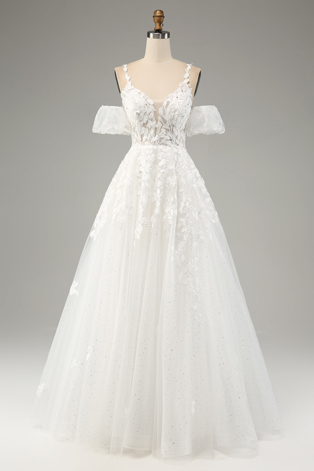 Vestido de novia de tirantes finos de tul de línea A marfil con apliques