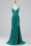 Vestido de fiesta de corsé con correas de espagueti de sirena brillante verde oscuro con abertura