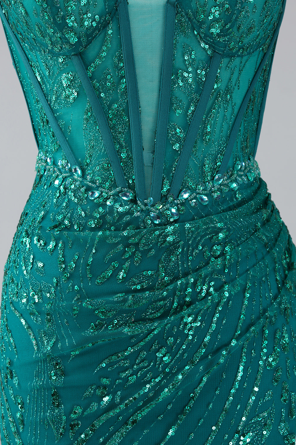 Vestido de fiesta de corsé con correas de espagueti de sirena brillante verde oscuro con abertura