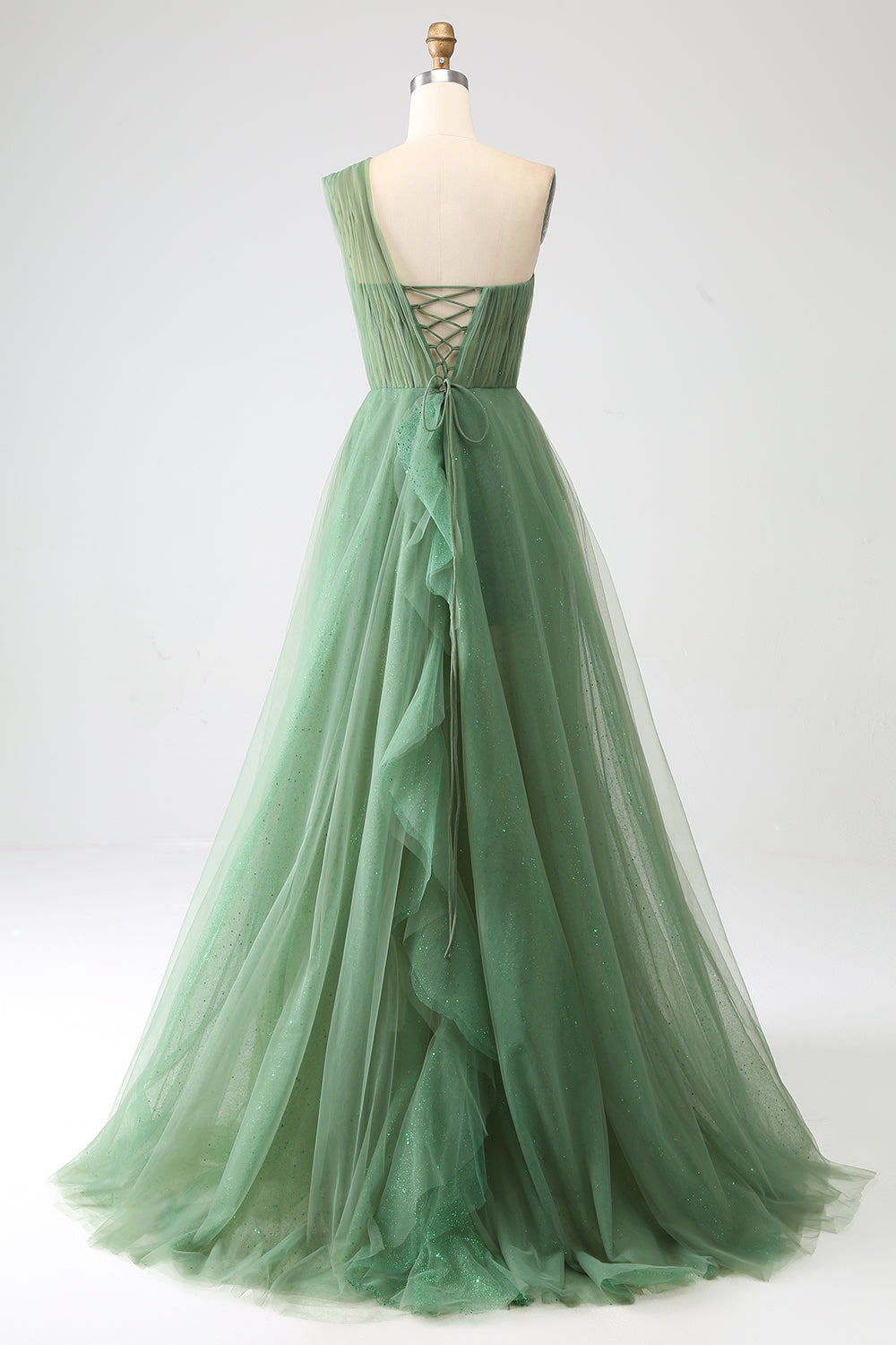 Vestido de fiesta largo de tul verde oscuro de un solo hombro con abertura