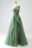 Vestido de fiesta largo de tul verde oscuro de un solo hombro con abertura