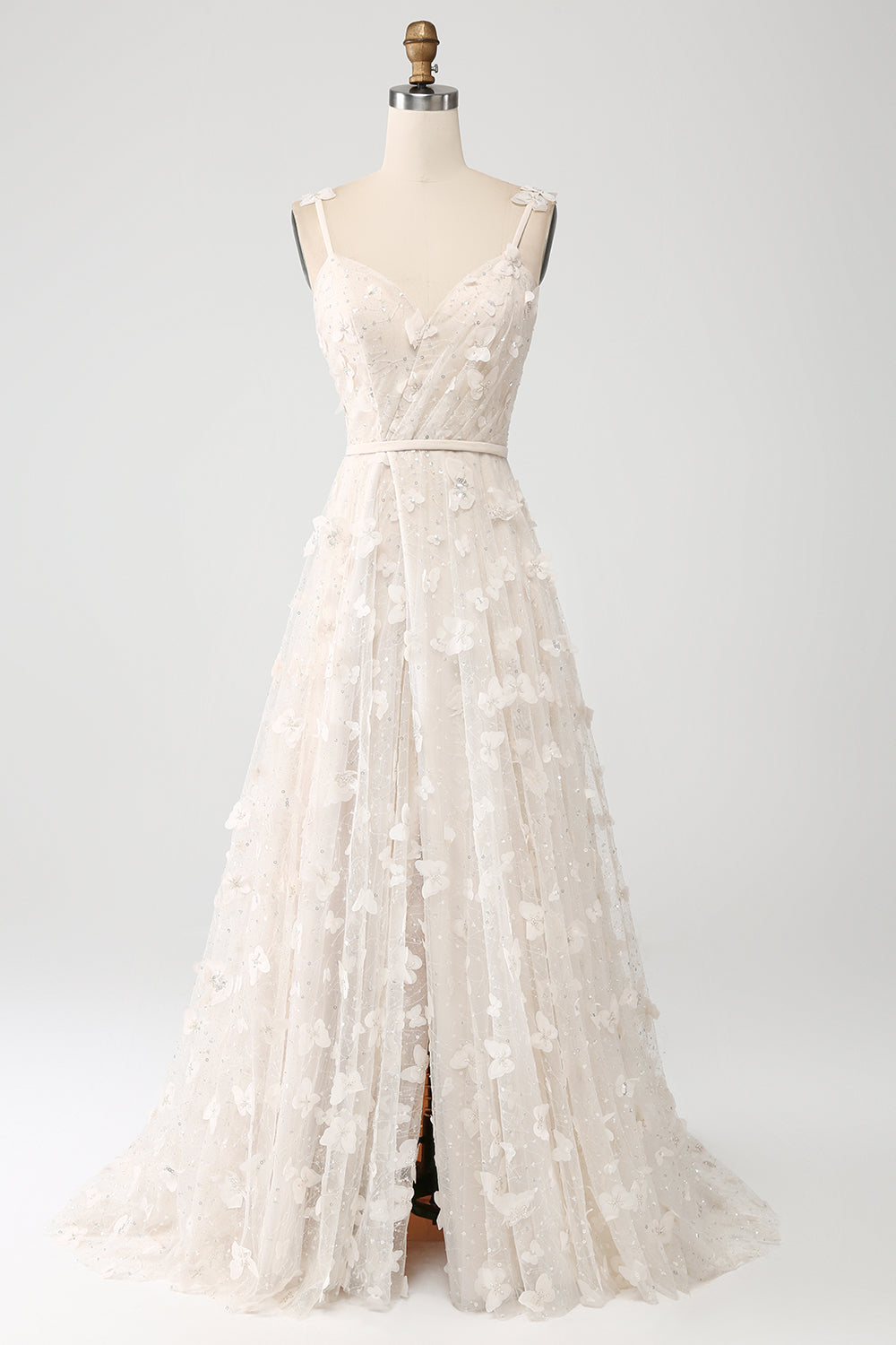 Vestido largo de tirantes de espagueti de la línea A de albaricoque con abertura