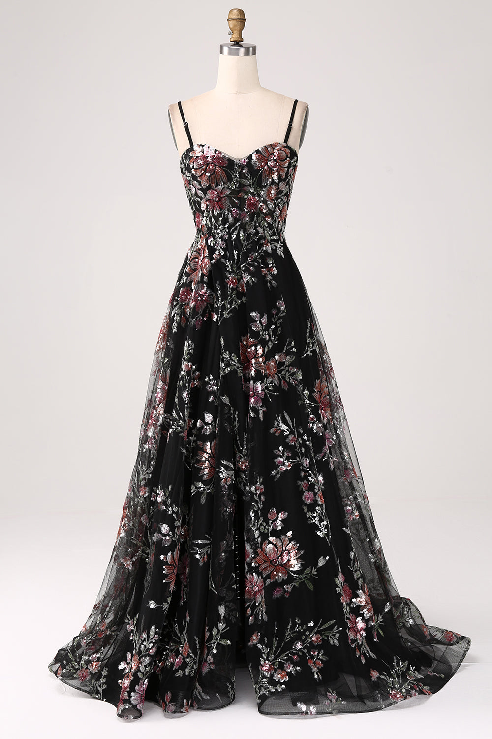Vestido de fiesta largo largo con lentejuelas de flores de línea A negro