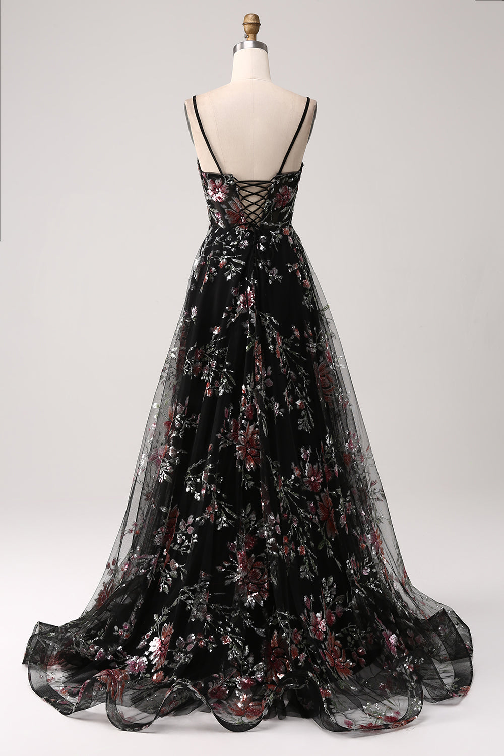 Vestido de fiesta largo largo con lentejuelas de flores de línea A negro
