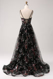 Vestido de fiesta largo largo con lentejuelas de flores de línea A negro