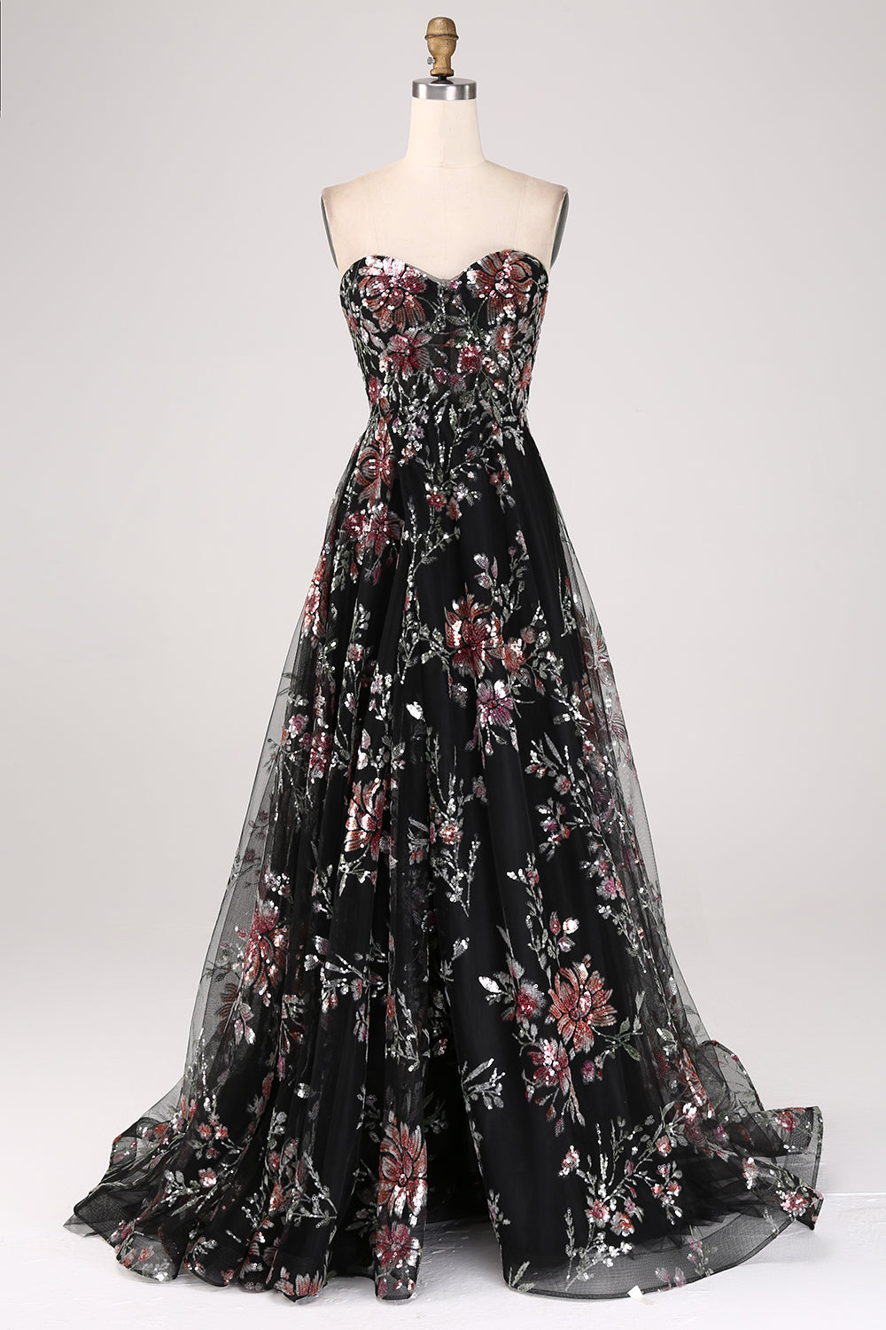 Vestido de fiesta largo largo con lentejuelas de flores de línea A negro
