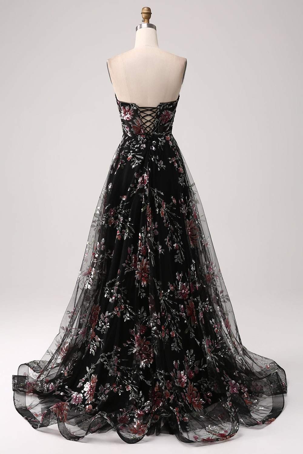 Vestido de fiesta largo largo con lentejuelas de flores de línea A negro