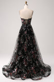 Vestido de fiesta largo largo con lentejuelas de flores de línea A negro