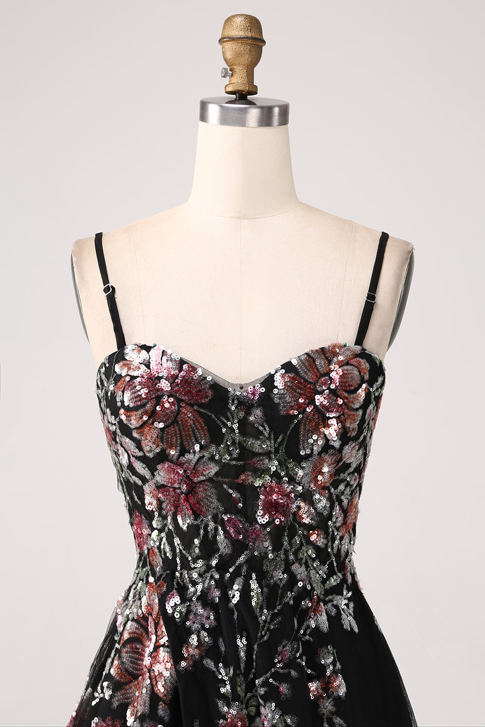 Vestido de fiesta largo largo con lentejuelas de flores de línea A negro