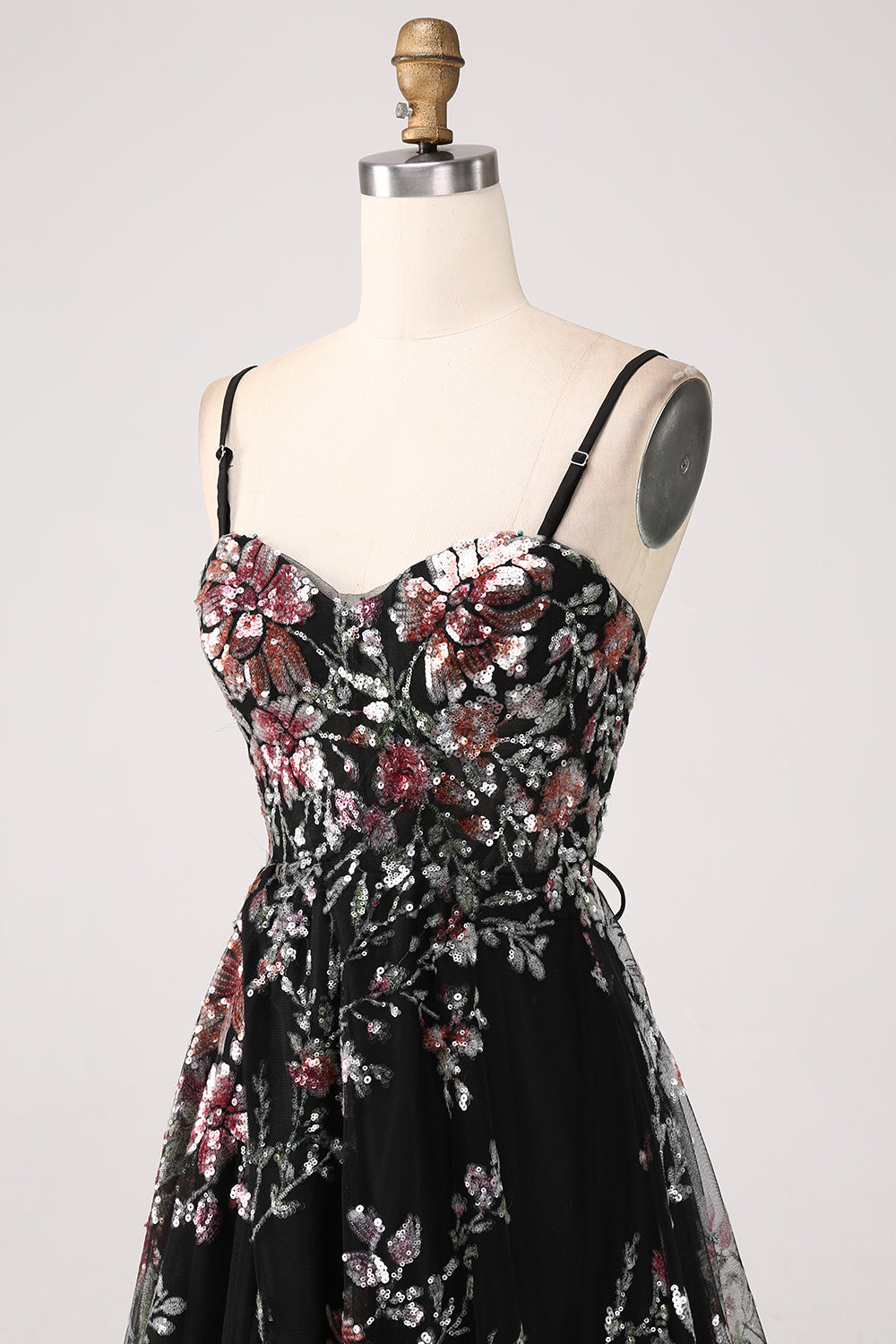 Vestido de fiesta largo largo con lentejuelas de flores de línea A negro