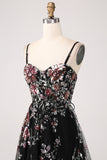 Vestido de fiesta largo largo con lentejuelas de flores de línea A negro