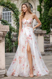 Flor De Marfil Una Línea Novia Corsé Bordado Vestido Largo De Fiesta Con Abertura