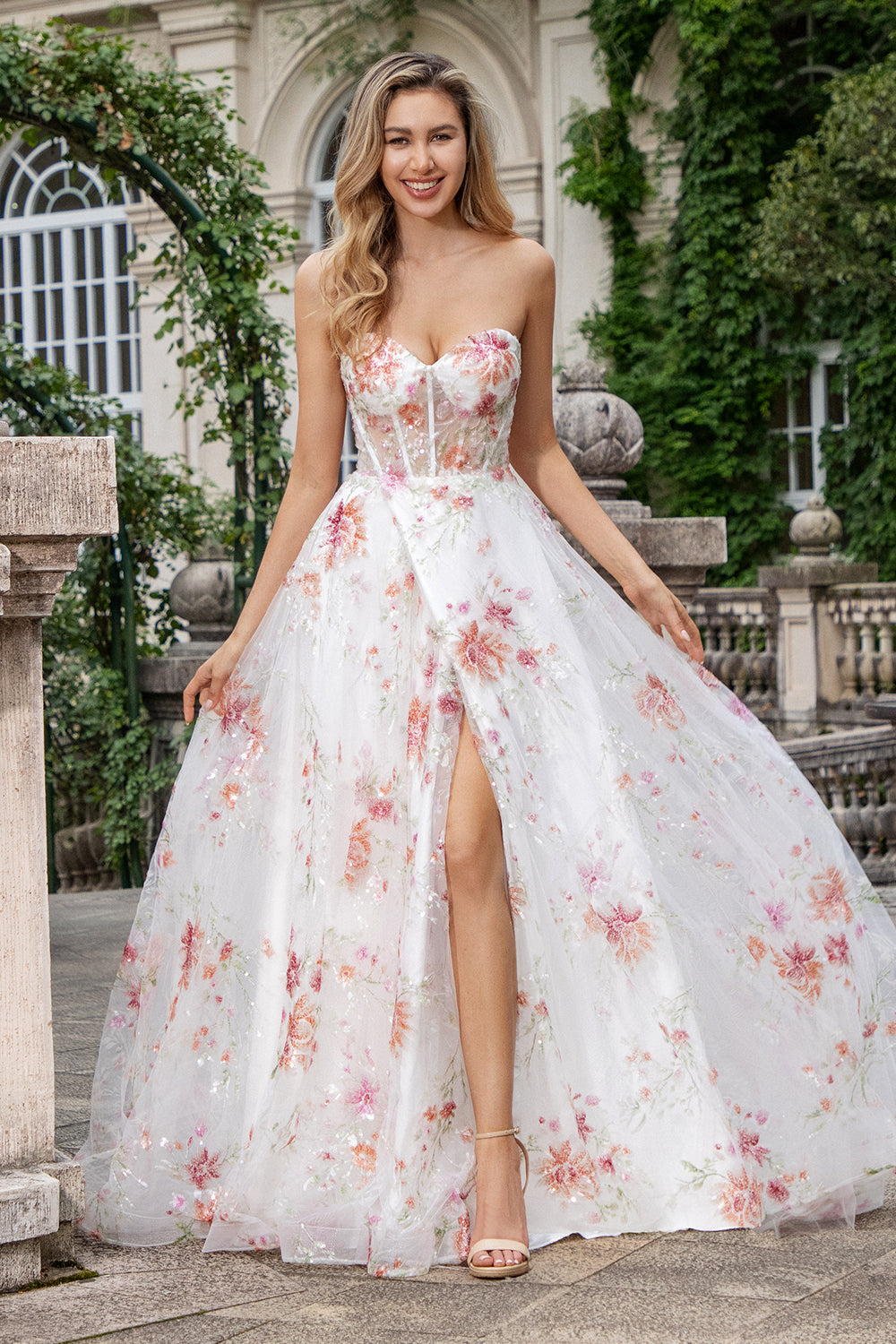 Flor De Marfil Una Línea Novia Corsé Bordado Vestido Largo De Fiesta Con Abertura