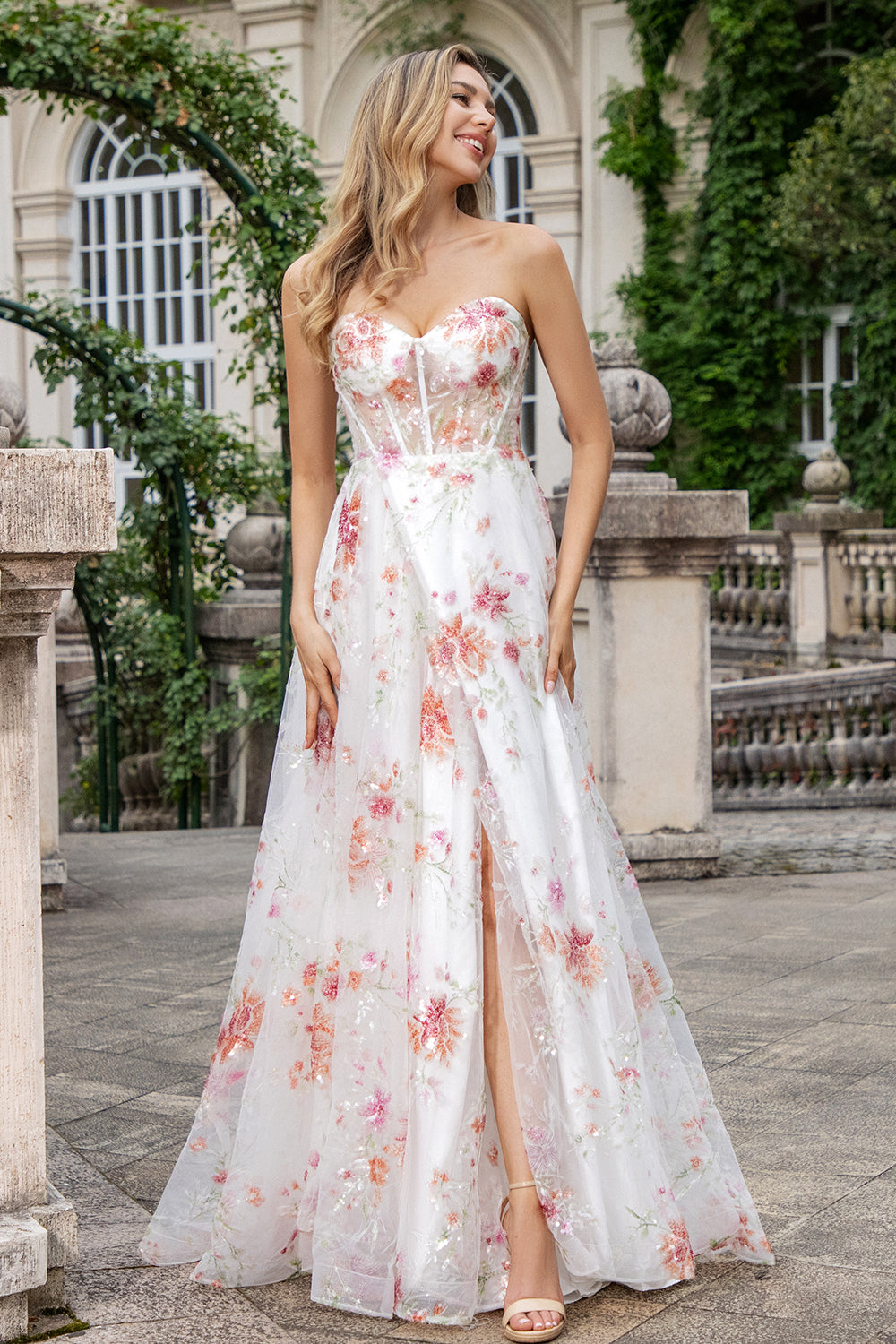 Flor De Marfil Una Línea Novia Corsé Bordado Vestido Largo De Fiesta Con Abertura