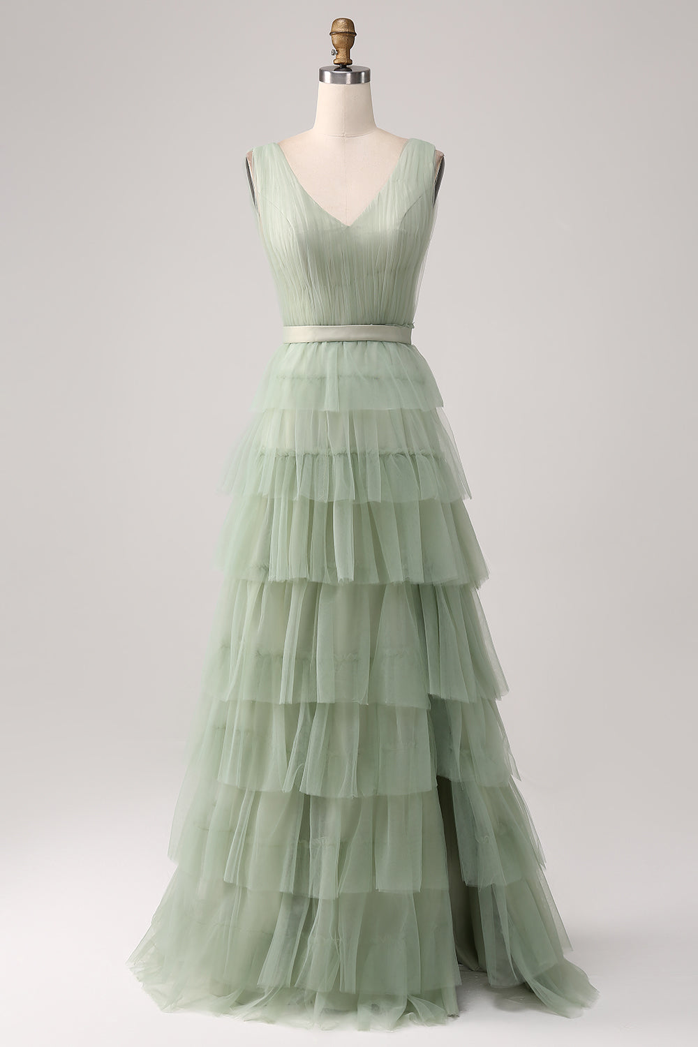 Vestido de fiesta verde plisado escalonado con abertura
