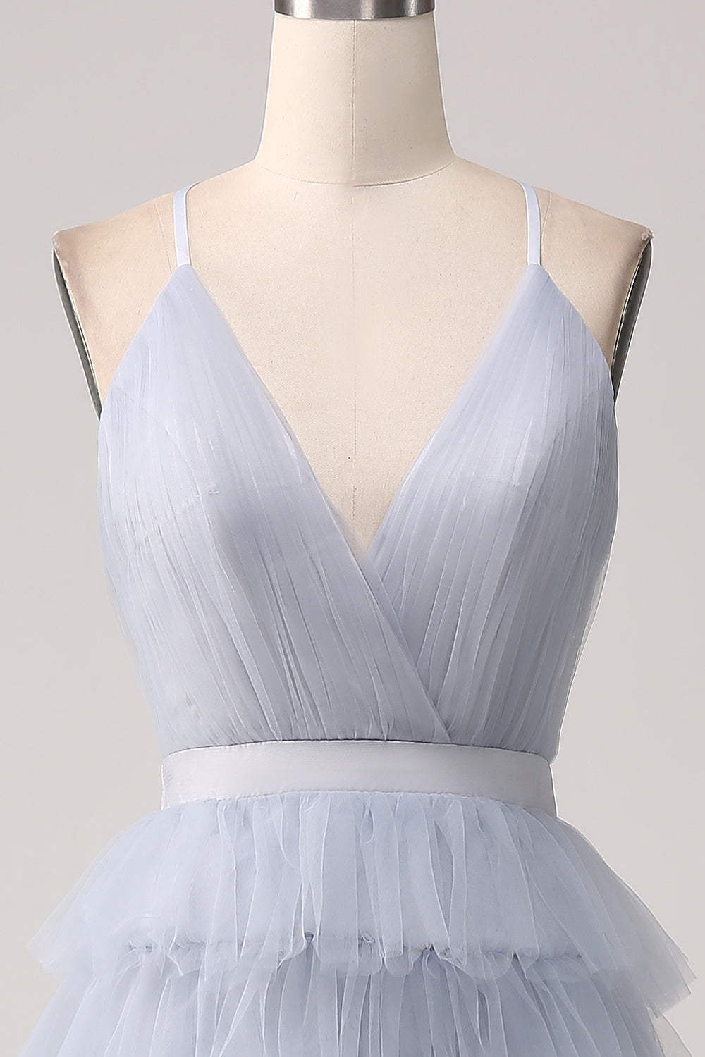 Gris Azul Una Línea De Tul Escalonado Vestido De Fiesta Largo Sin Espalda