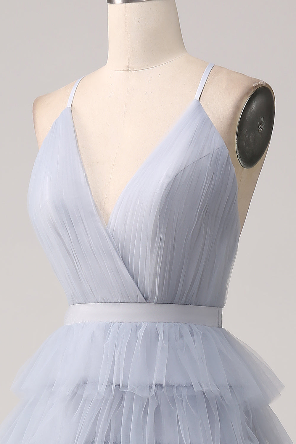 Gris Azul Una Línea De Tul Escalonado Vestido De Fiesta Largo Sin Espalda