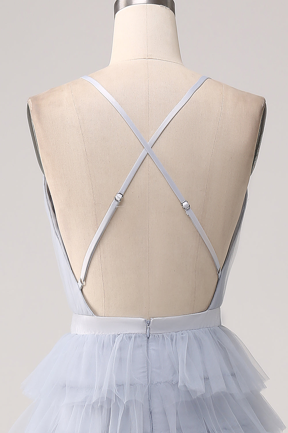 Gris Azul Una Línea De Tul Escalonado Vestido De Fiesta Largo Sin Espalda
