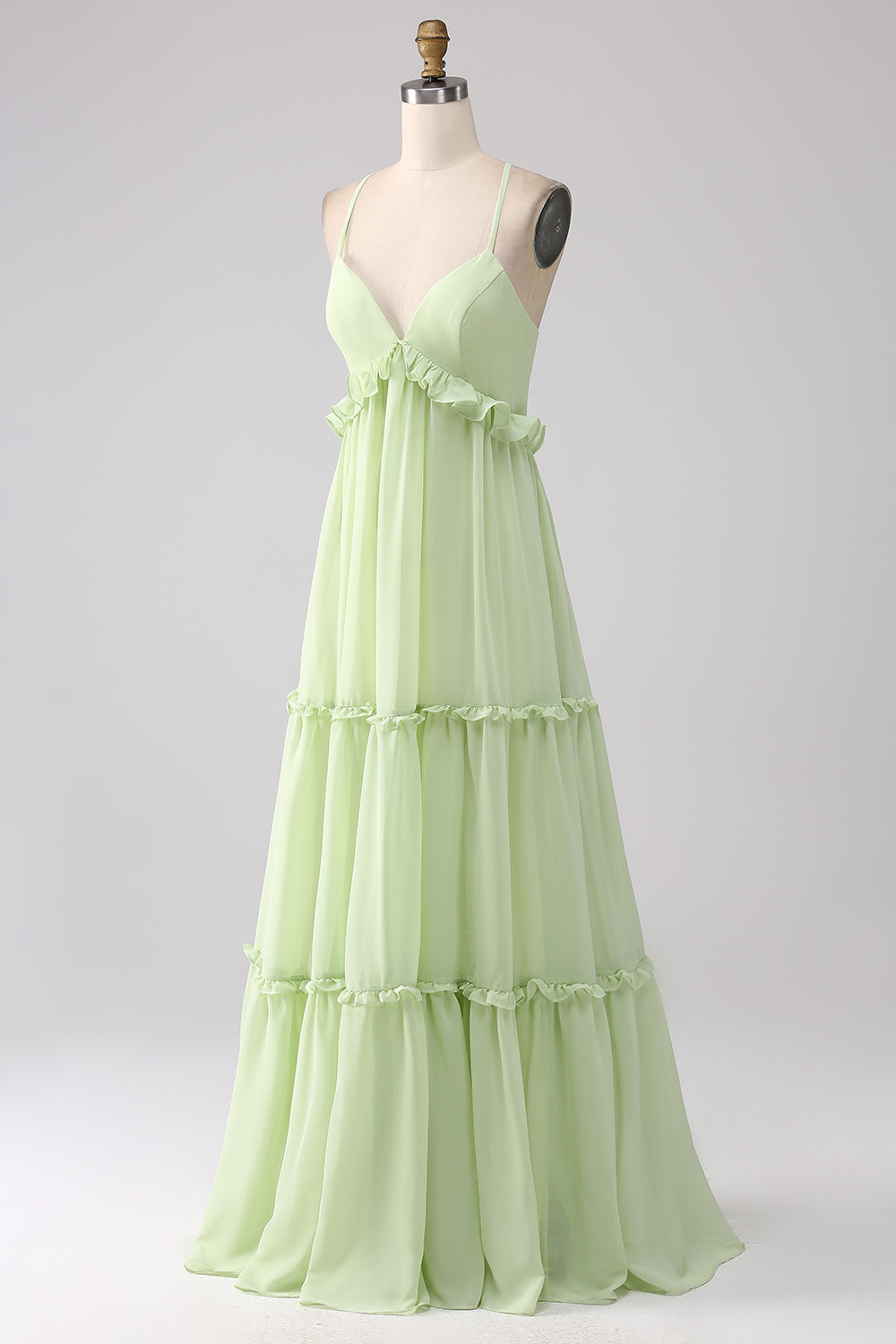 Vestido de dama de honor verde con volantes A Line con cordones en la espalda