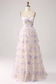 Vestido de fiesta de princesa escalonado de flor de lavanda con plisado