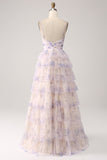 Vestido de fiesta de princesa escalonado de flor de lavanda con plisado