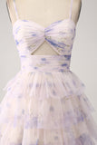 Vestido de fiesta de princesa escalonado de flor de lavanda con plisado