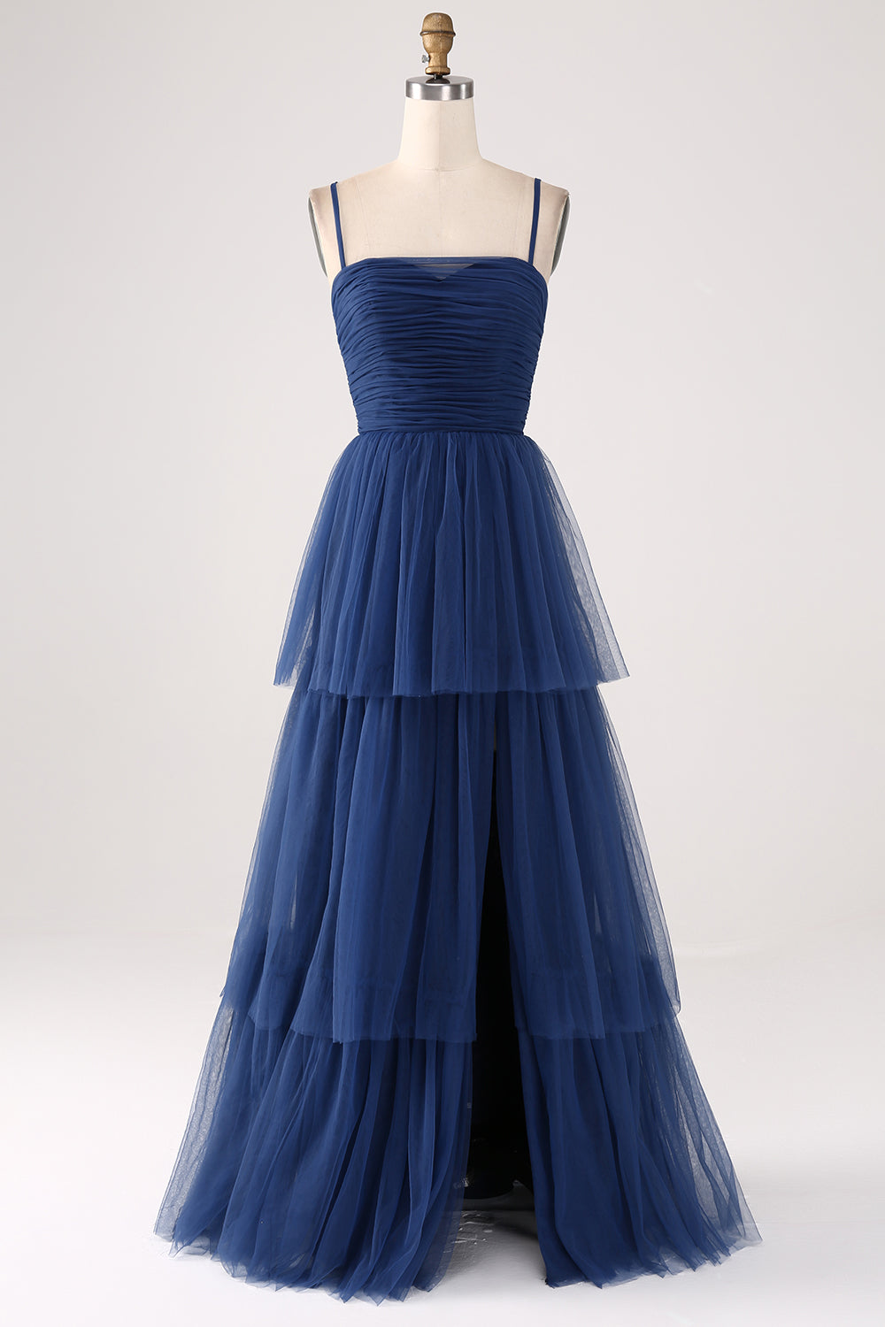 Vestido de fiesta plisado de tul plisado de tirantes finos de una línea con abertura