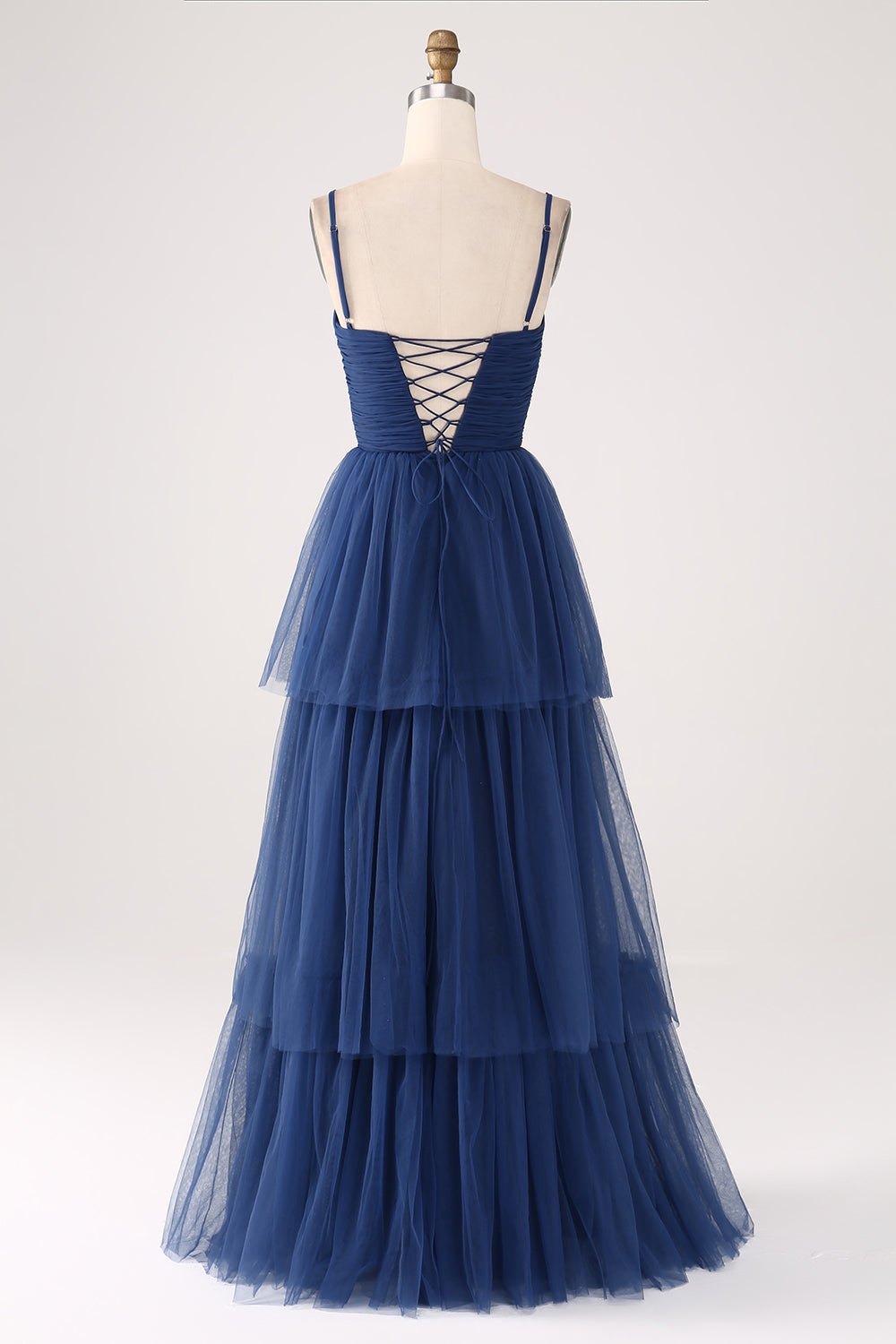 Vestido de fiesta plisado de tul plisado de tirantes finos de una línea con abertura