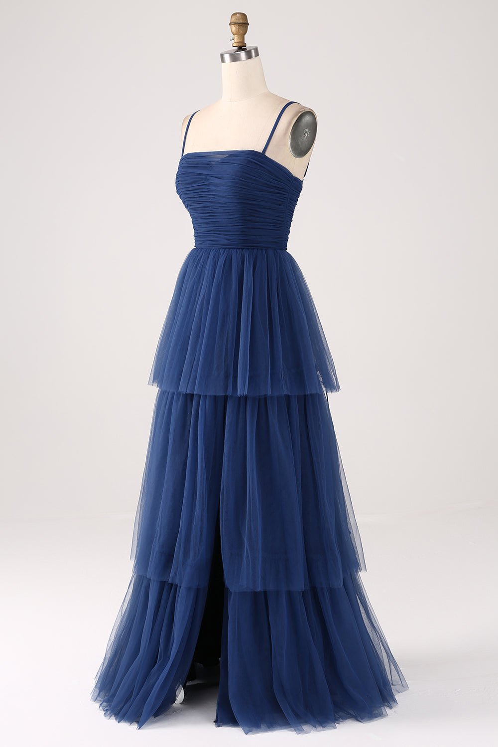Vestido de fiesta plisado de tul plisado de tirantes finos de una línea con abertura