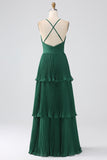 Vestido de dama de honor de gasa escalonada verde oscuro de una línea con plisado