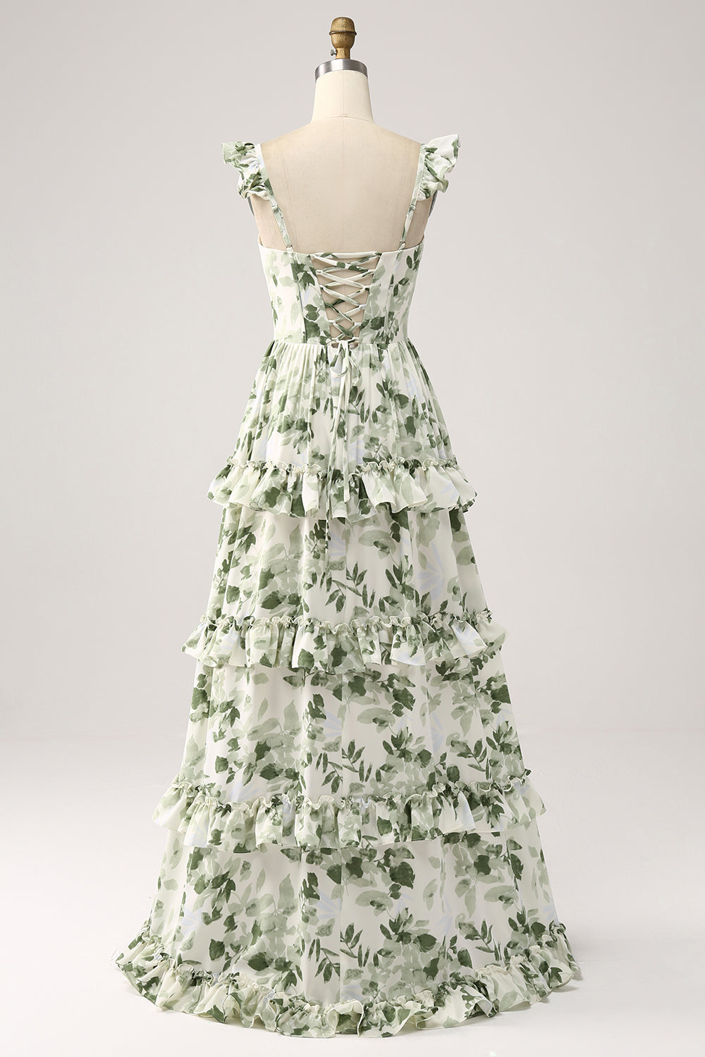 Vestido de fiesta escalonado con volantes florales verdes con abertura